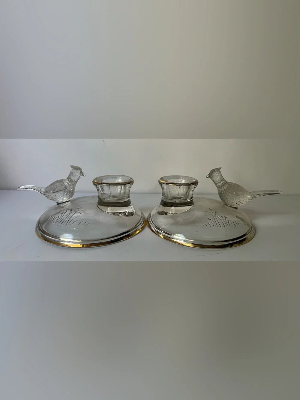 Clear Glass Bird Candle Holders with Gold Trim - Pair-by Jeanette Glass